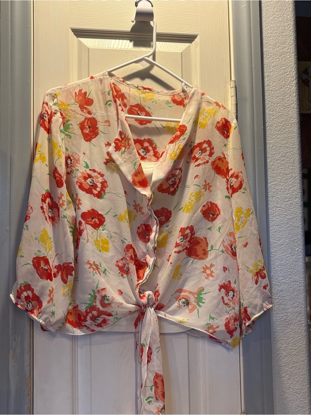Tie-Front Floral Blouse in Cream with Red & Yellow Blooms